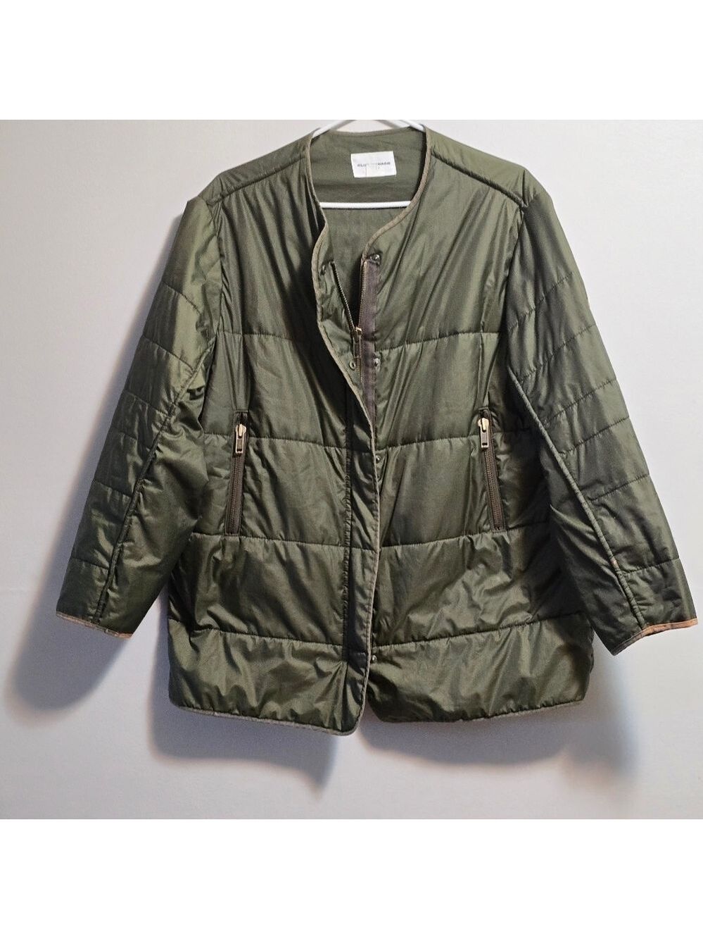 Club Monaco Collarless Olive Green Quilted Oversized Women's Jacket